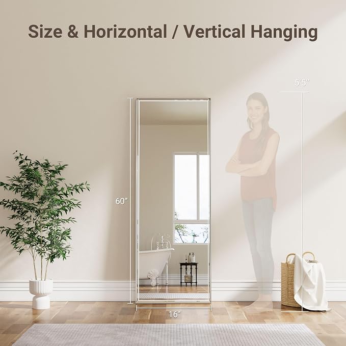 16''x 60'' Tall Brushed Nickel Mirror, Beveled Bathroom Mirror - Image 3