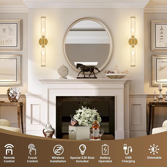 Morauroral Gold Battery Operated Wall Sconces Set of 2, Rechargeable Wall Lights - Image 2