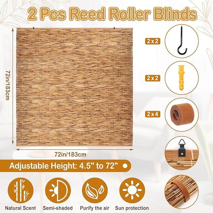 DoubleFill 2 Pcs Bamboo Shades Outdoor Reed Roll Up Blinds 72" W x 72" H - Image 2