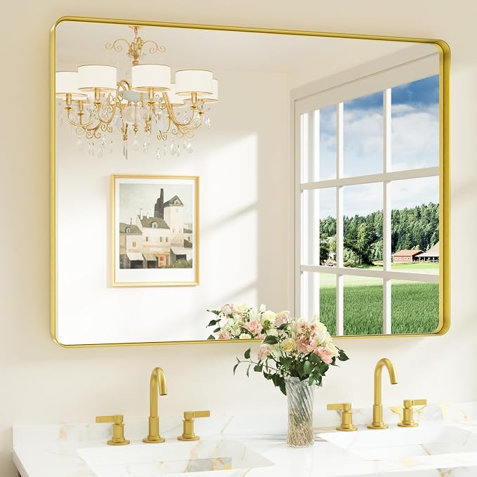 Keonjinn Gold Bathroom Vanity Mirror 48 x 36 Inch Large Rounded Rectangle by Keonjinn