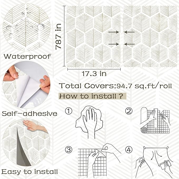 Modern Peel and Stick Wallpaper 17.3''×''787 Self Adhesive Wallpaper Boho - Image 3