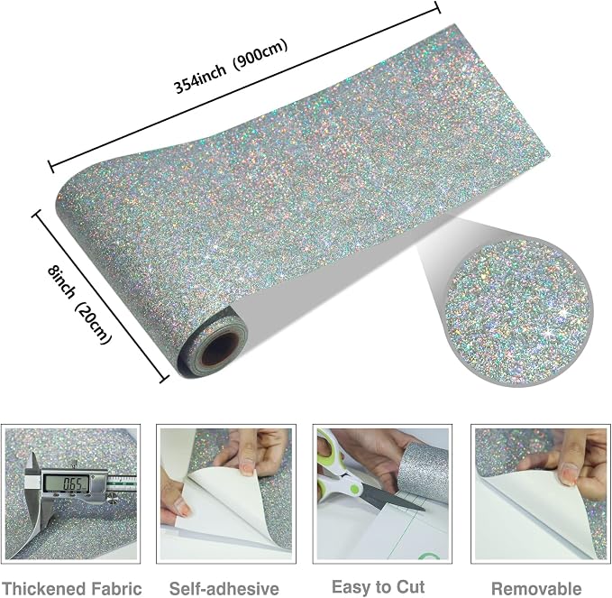 CRE8TIVE Silver Holographic Glitter Wallpaper Border Peel and Stick Wall - Image 6