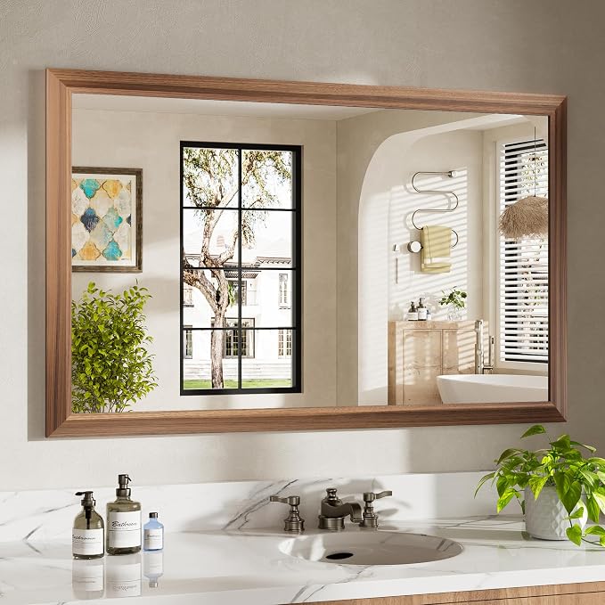 48x30 Inch Bathroom Mirror for Wall, Anti-Rust Walnut Wood Grain Metal Framed by Briivuemodernmirrors
