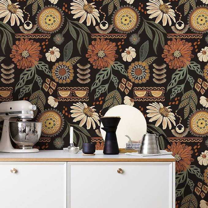 Simon&Siff Boho Peel and Stick Wallpaper, 17.3" x 480" Sun Floral Retro Contact - Image 4