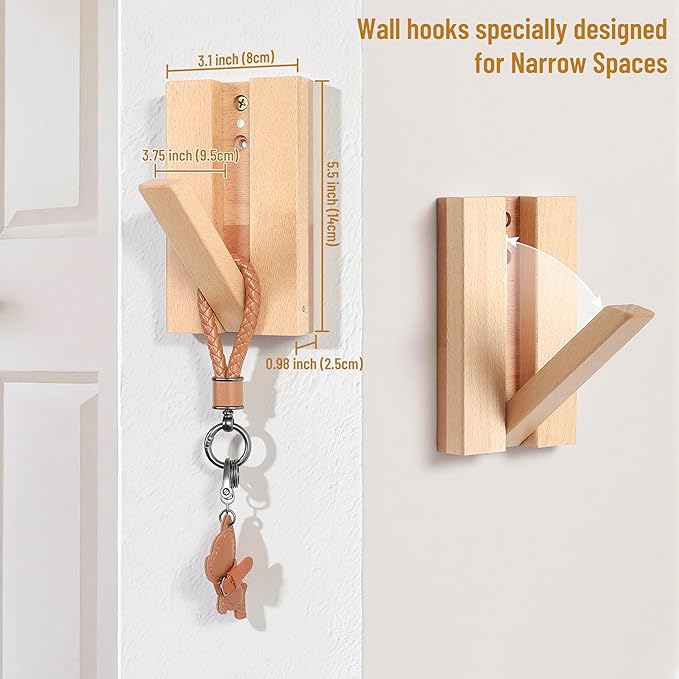 Wall Hooks for Small Space: Foldable Natural Wooden Coat Hooks 4Pack for - Image 2