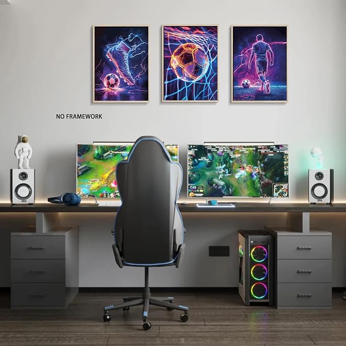 BGFCE Cool Soccer Gaming Wall Art Posters Set of 3, Neon Video Gamer Canvas - Image 7