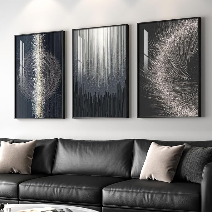 Large Framed Black Silver Modern Abstract Wall Art - Image 2