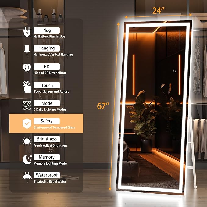 Hasipu Full Length Mirror with Lights, Full Body Dressing Hanging Mounted Mirror - Image 2