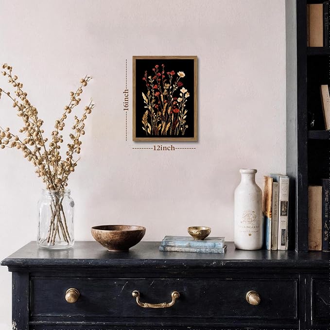 Framed Vintage Floral Wall Art, Dark Wildflower Botanical Canvas Wall Decor - Image 3