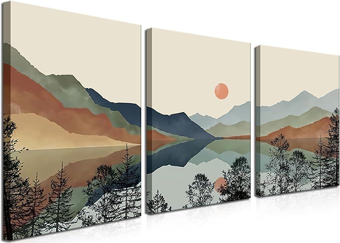 AKWISH Framed Mountain Canvas Wall Art Set of 3, Boho Watercolor Poster Prints by AKWISHWallArt