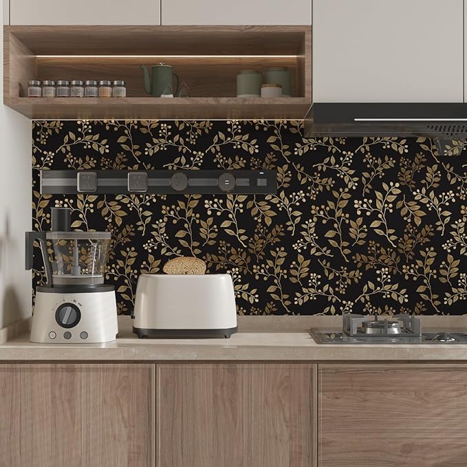 Dark Floral Peel and Stick Wallpaper, Vintage Gold Leaf Self-Adhesive Contact - Image 4