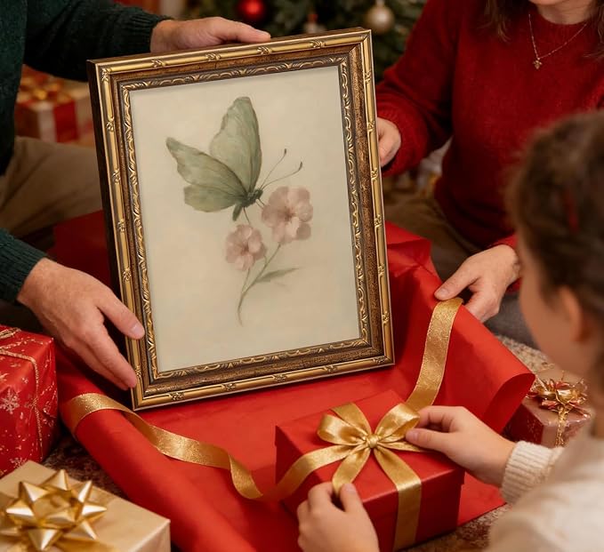 Vintage Gold Framed Wall Art, Retro Butterfly and Pink Flower Oil Painting - Image 9