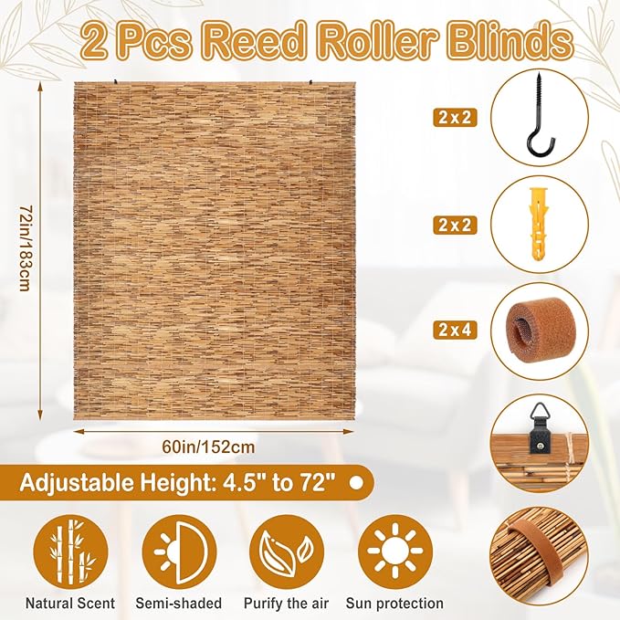 DoubleFill 2 Pcs Bamboo Shades Outdoor Reed Roll up Blinds 60 W x 72 H Blackout - Image 2