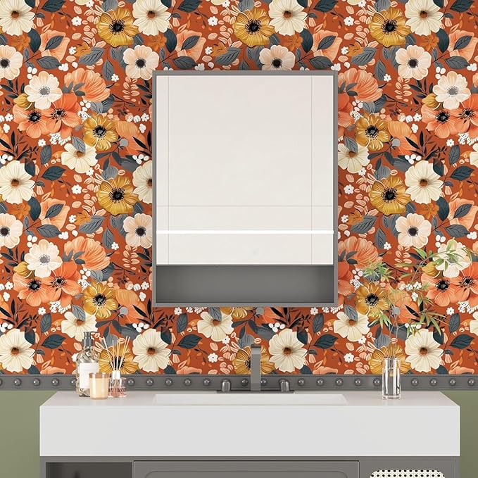 BOKEBEVE Orange Wallpaper Peel and Stick Retro Floral Contact Paper Self - Image 6
