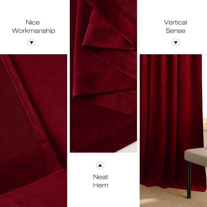 NICETOWN 90 inch Long Red Velvet Textured Thermal Curtains Draperies - Image 8