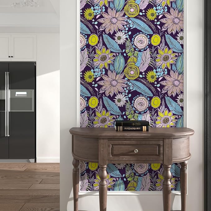 Purple Boho Wallpaper Peel and Stick, Vintage Yellow Floral Contact Paper 17.5" - Image 7