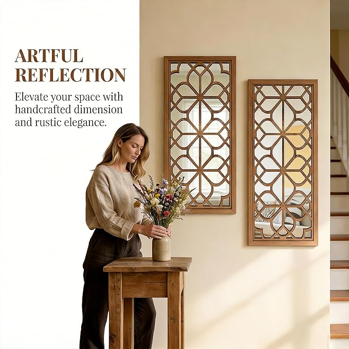 Set of 2 13x30 Inch Large Redbrown Shatterproof Carved Floral Wood Frame Wall - Image 6