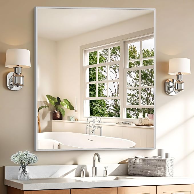 KOCUUY Silver Framed Mirror, HD Tempered Glass, Anti-Rust Frame, Modern Design by KOCUUY