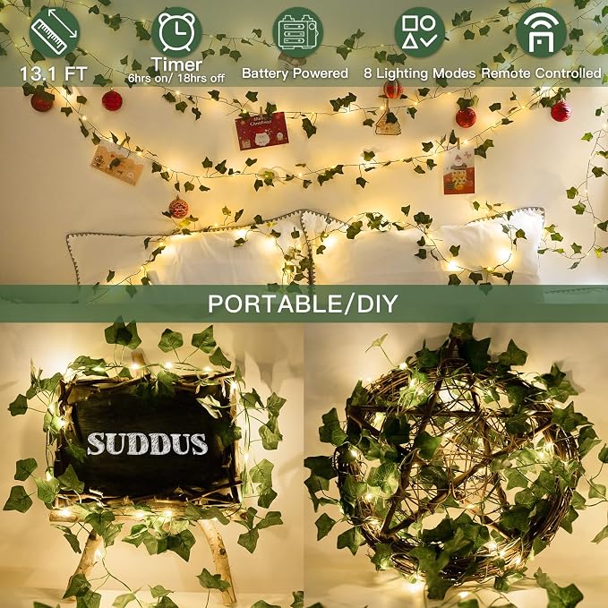 suddus Vine with Fairy Lights Battery Operated, 13.1ft 40 LED Ivy String Light - Image 5