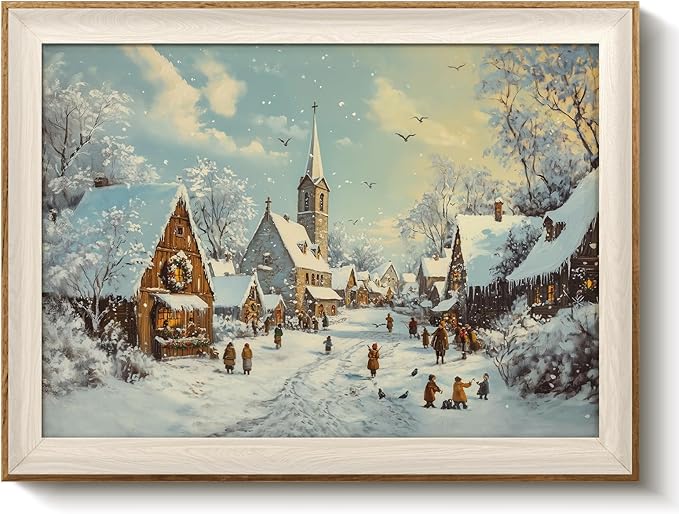 VIYYIEA Winter Framed Wall Art for Living Room, Snow Village Canvas Prints by VIYYIEAART