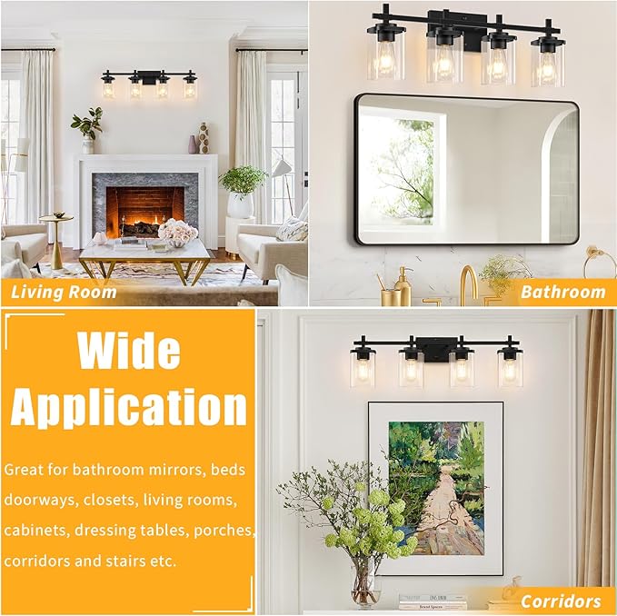 4-Lights Matte Black Bathroom Light Fixture, Modern Black Vanity Lights Over - Image 7
