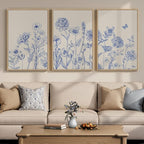 Framed Neutral Chinoiserie Blue Botanical Wall Art, 3 Piece Minimalist Floral by Cuspin