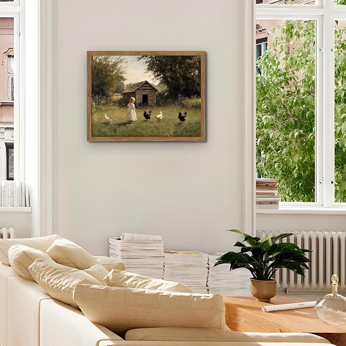 Vintage Country Framed Wall Art, Little Girl and Chick Canvas Prints, Rustic - Image 7