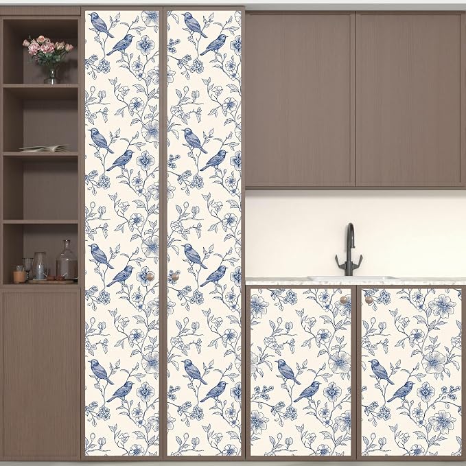 Beige Wallpaper Peel and Stick Blue Floral Bird Vintage Contact Paper 17.5" x - Image 8