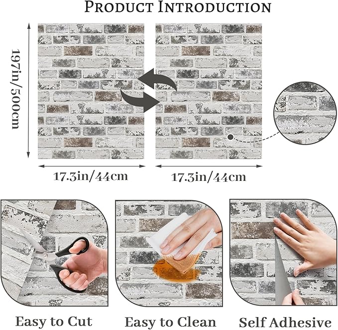 Brick Wallpaper Peel and Stick Wallpaper 17.3"x197" Grey and White 3D Brick - Image 3