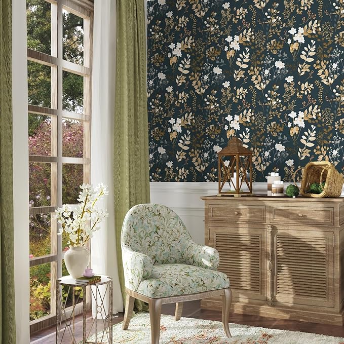 Laatse Navy Floral Wallpaper Peel and Stick Boho Wallpaper Vintage Blue/Gold - Image 2