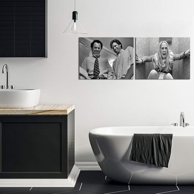 Framed Funny Movie Bathroom Canvas Wall Art Set of 2 – Black and White Vintage - Image 9