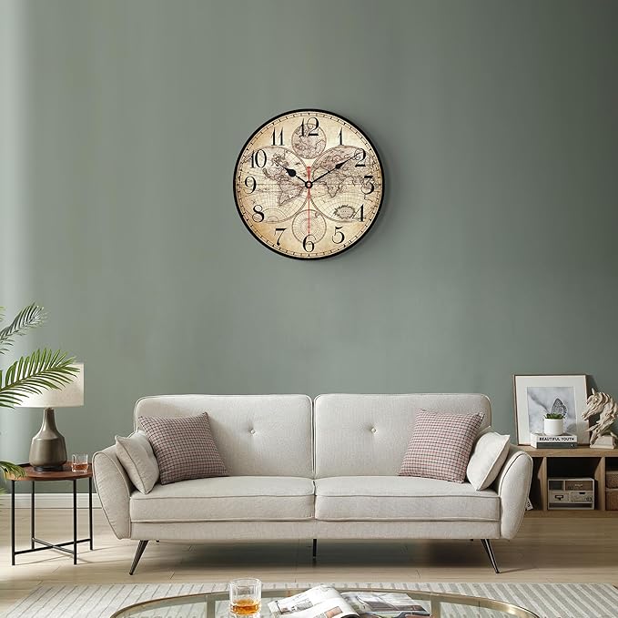 14 Inch Wooden Wall Clock Globe World Map Retro Vintage Rustic Wall Clocks - Image 7