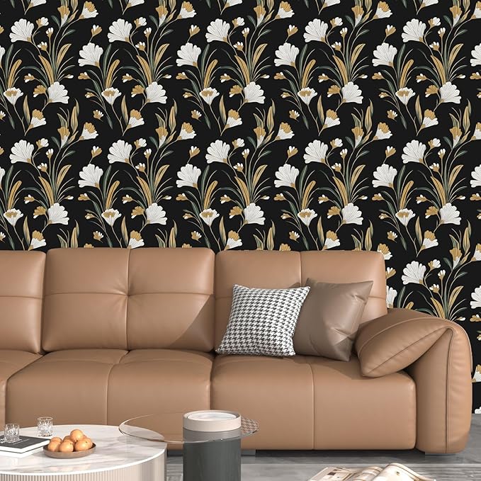Laatse Black Gold Peel and Stick Wallpaper White Floral Contact Paper 17.5in x - Image 2