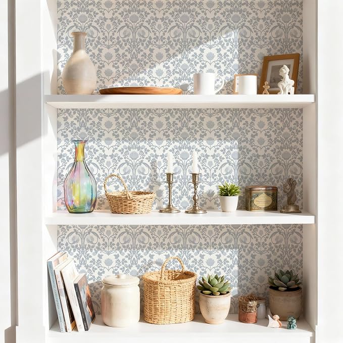 YXTII 17.3" × 393.7" Blue Floral Peel and Stick Wallpaper, Damask Vintage - Image 8