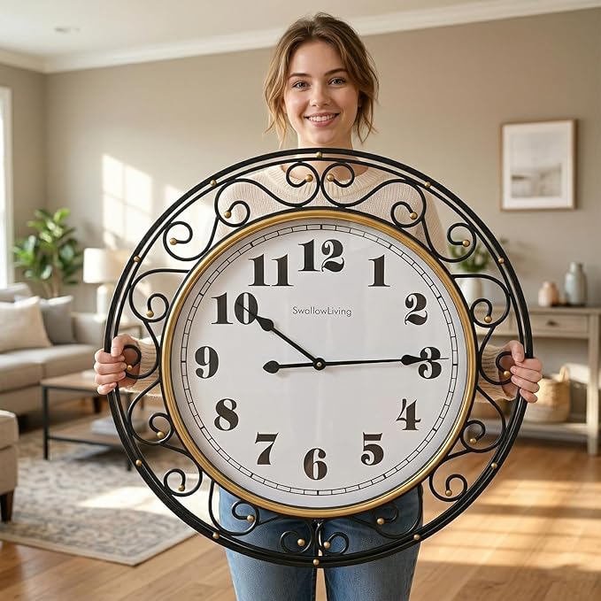 SwallowLiving 30 Inch Vintage Iron Large Black Metal Frame Wall Clock Silent by SwallowLiving
