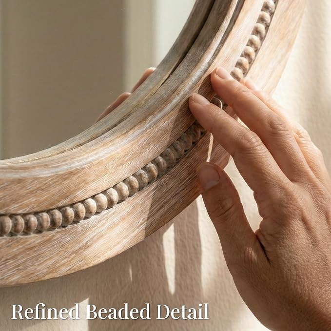 30" Round Solid Wood Mirror for Bathroom Vanity, Handcrafted Beaded Circle Wall - Image 3