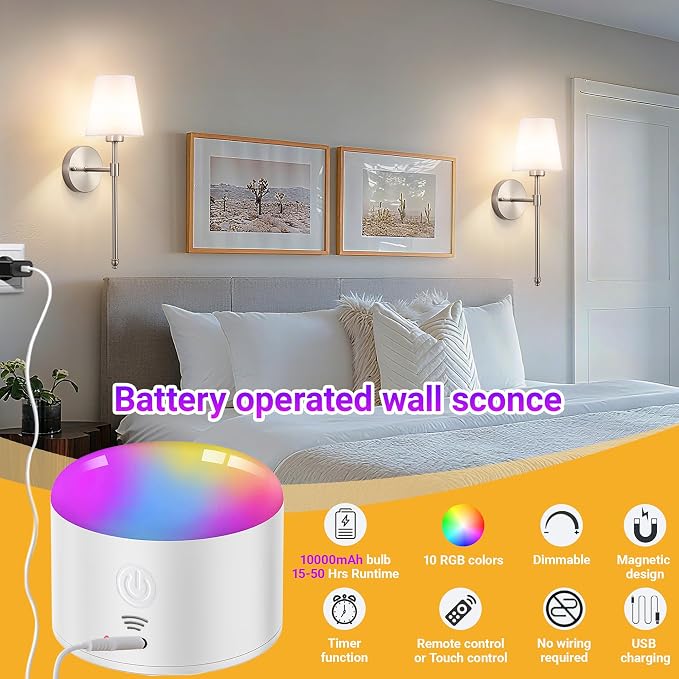 YHCDLAMP Battery Operated Wall Sconce Set of 2, Rechargeable Wall Sconce - Image 2