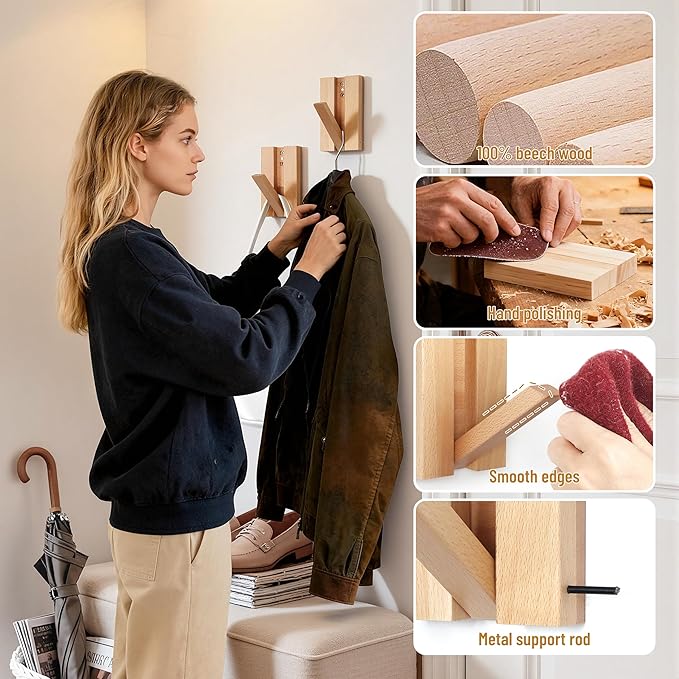 Wall Hooks for Small Space: Foldable Wooden Natural Coat Hooks 2Pack for - Image 5