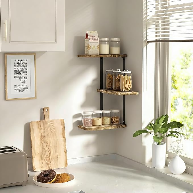Love-KANKEI Corner Shelf Wall Mount of 3 Tier Rustic Wood Floating Shelves - Image 2