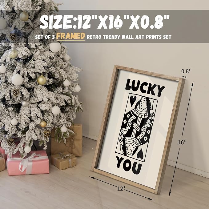 Heiple Framed Set of 3 Poker Wall Art Lucky You Poster, Trendy Retro Print Wall - Image 4