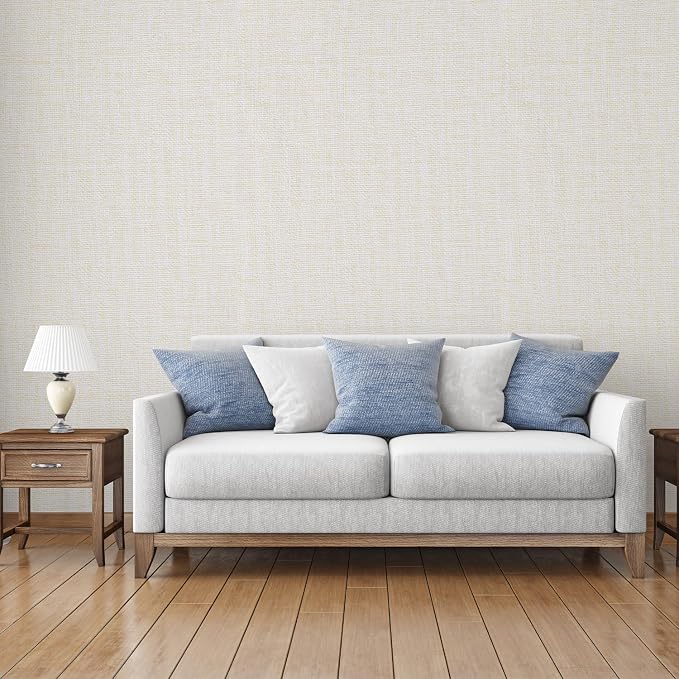 Yancorp 32.8ft Cream Textured Fabric Wallpaper Faux Grasscloth Beige Peel and - Image 2