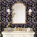 Extra Long Vintage Purple Leaves Wallpaper, 17.5In x 393In Black Botanical - Image 4