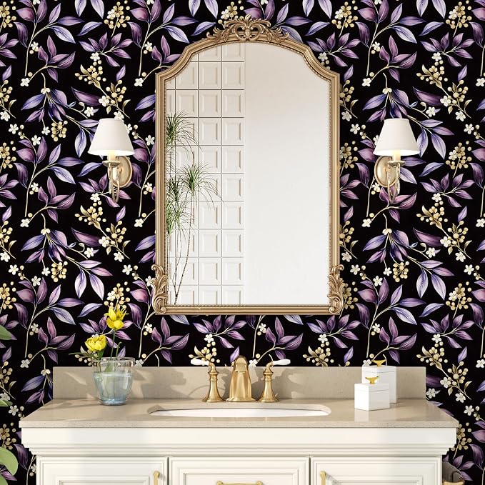 Extra Long Vintage Purple Leaves Wallpaper, 17.5In x 393In Black Botanical - Image 4