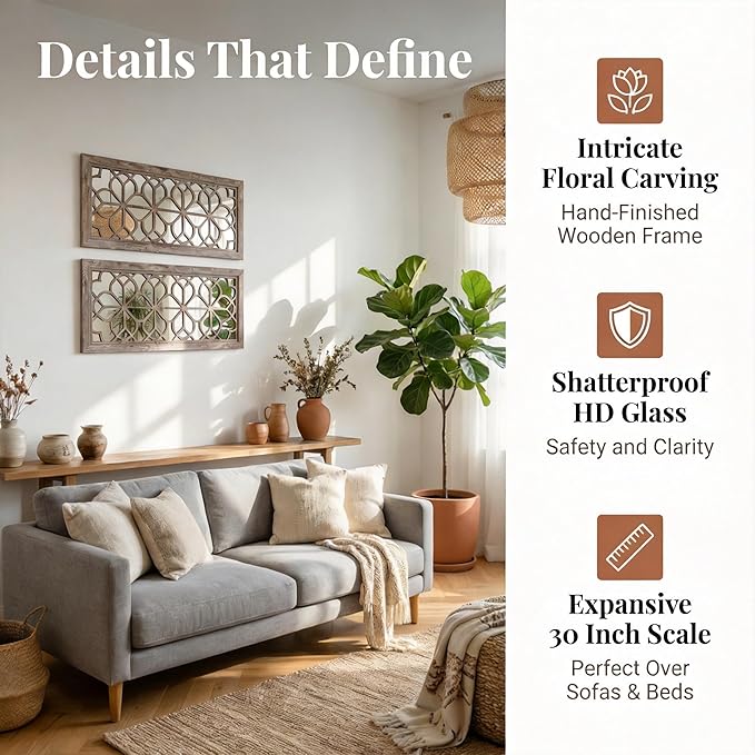 Set of 2 13x30 Inch Large Brown Shatterproof Carved Floral Wood Frame Wall - Image 4