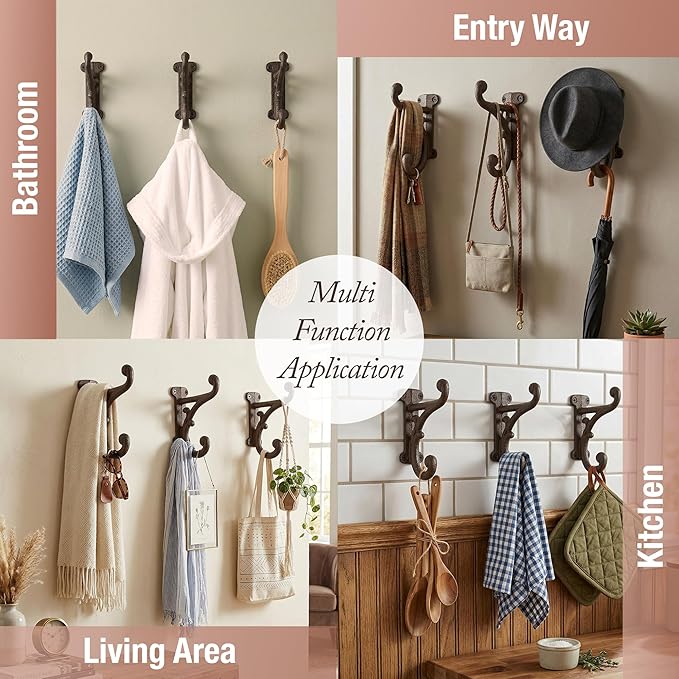 Rustic Cast Iron Coat Hooks Rustic Dark Brown, Wall Mounted, Farmhouse - Image 7