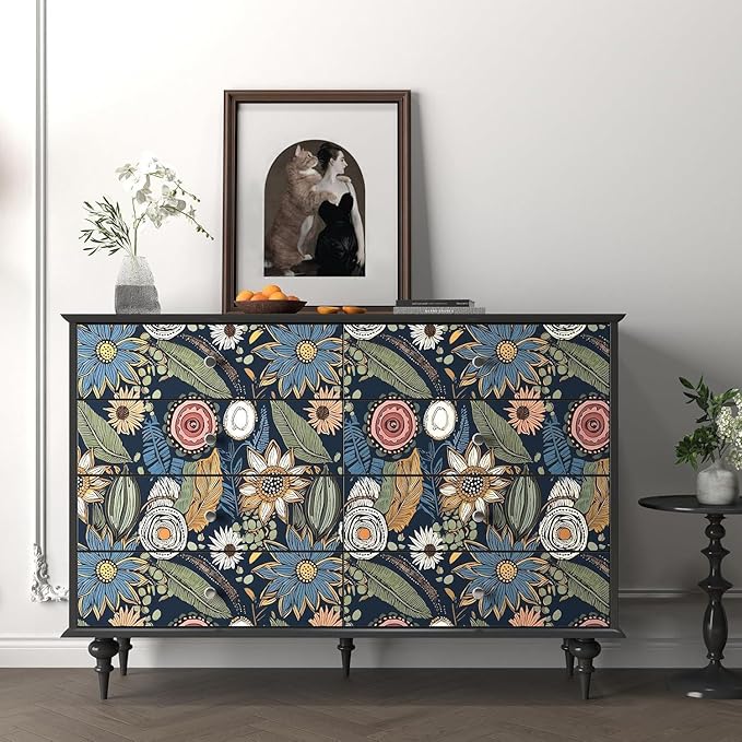 Blue Boho Wallpaper Peel and Stick, Vintage Floral Contact Paper 17.5" x 393.7" - Image 3