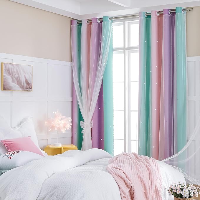 XiDi Curtains for Bedroom Decor, Rainbow Pink Purple Green 34/54/1 by Addsomecolortolife