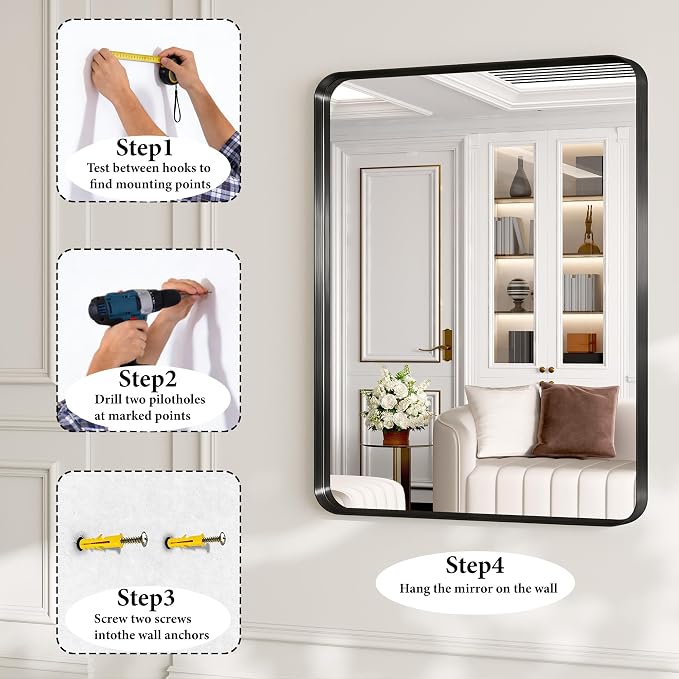 Black Metal Vanity Rounded Rectangle Bathroom Mirrors - Image 8
