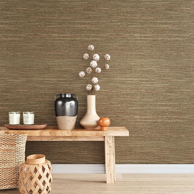 VEELIKE 15.7''x354'' Gold Brown Grasscloth Wallpaper Textured Woven Grass Cloth - Image 2