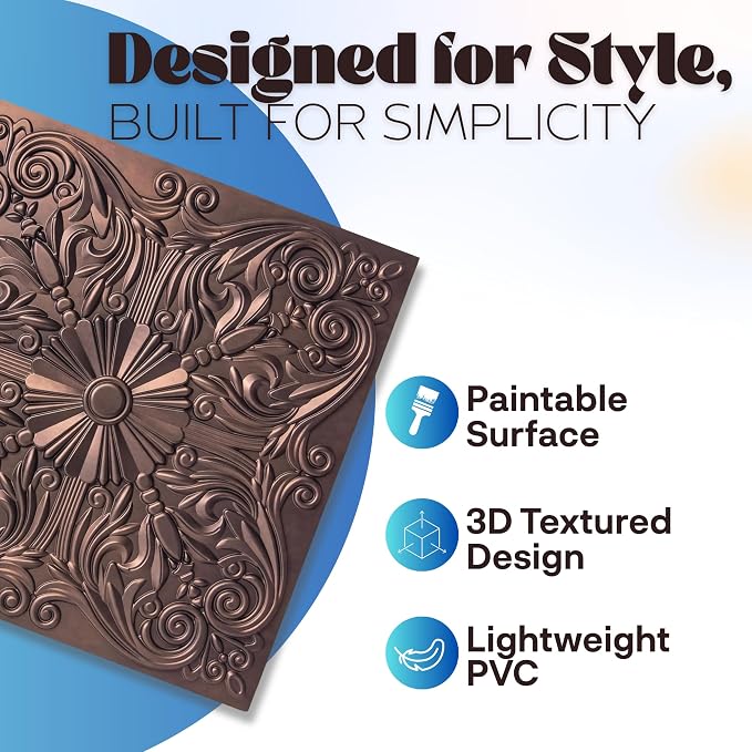 Art3d 12-Pack PVC Drop Ceiling Tiles, 2ft x 2ft, Floral Rose Copper - Image 3